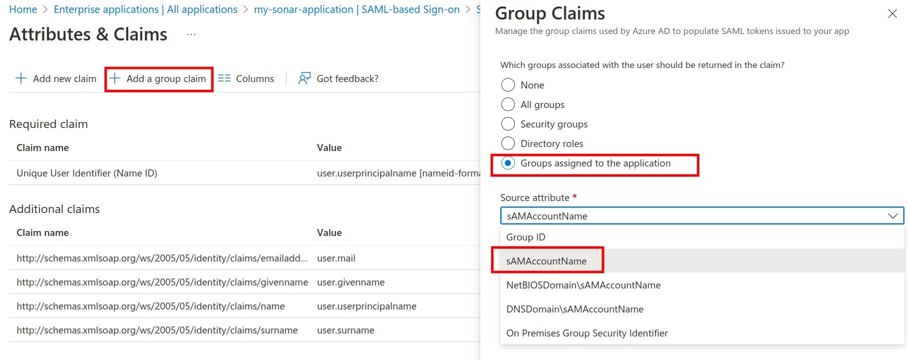 Where to map your SAML groups in Azure before you can add a group claim.