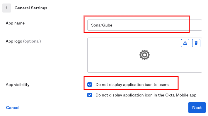 Enter in App name with SonarQube, and select Do not display application icon to users.