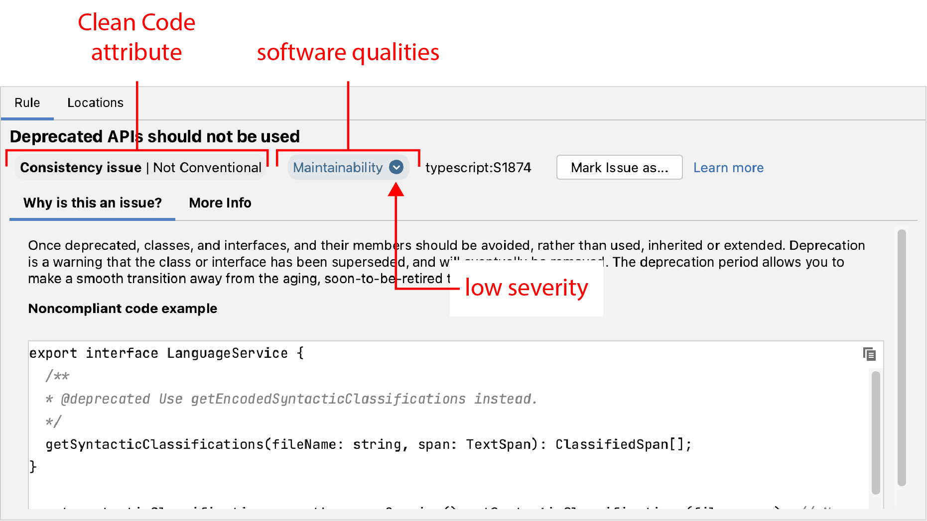 Clean Code attributes and software qualities as they appear in the SonarLint Rule view tab. 