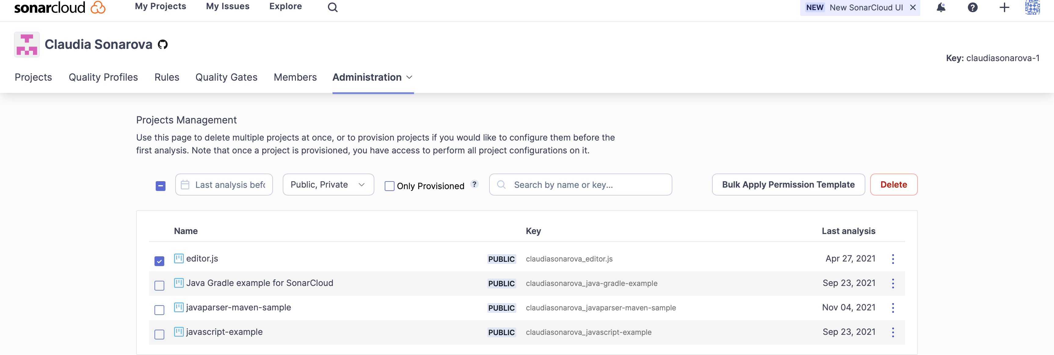 The SonarCloud permission templates page.