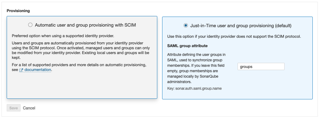 Window displaying the user and group provisioning options and the SAML group attribute field