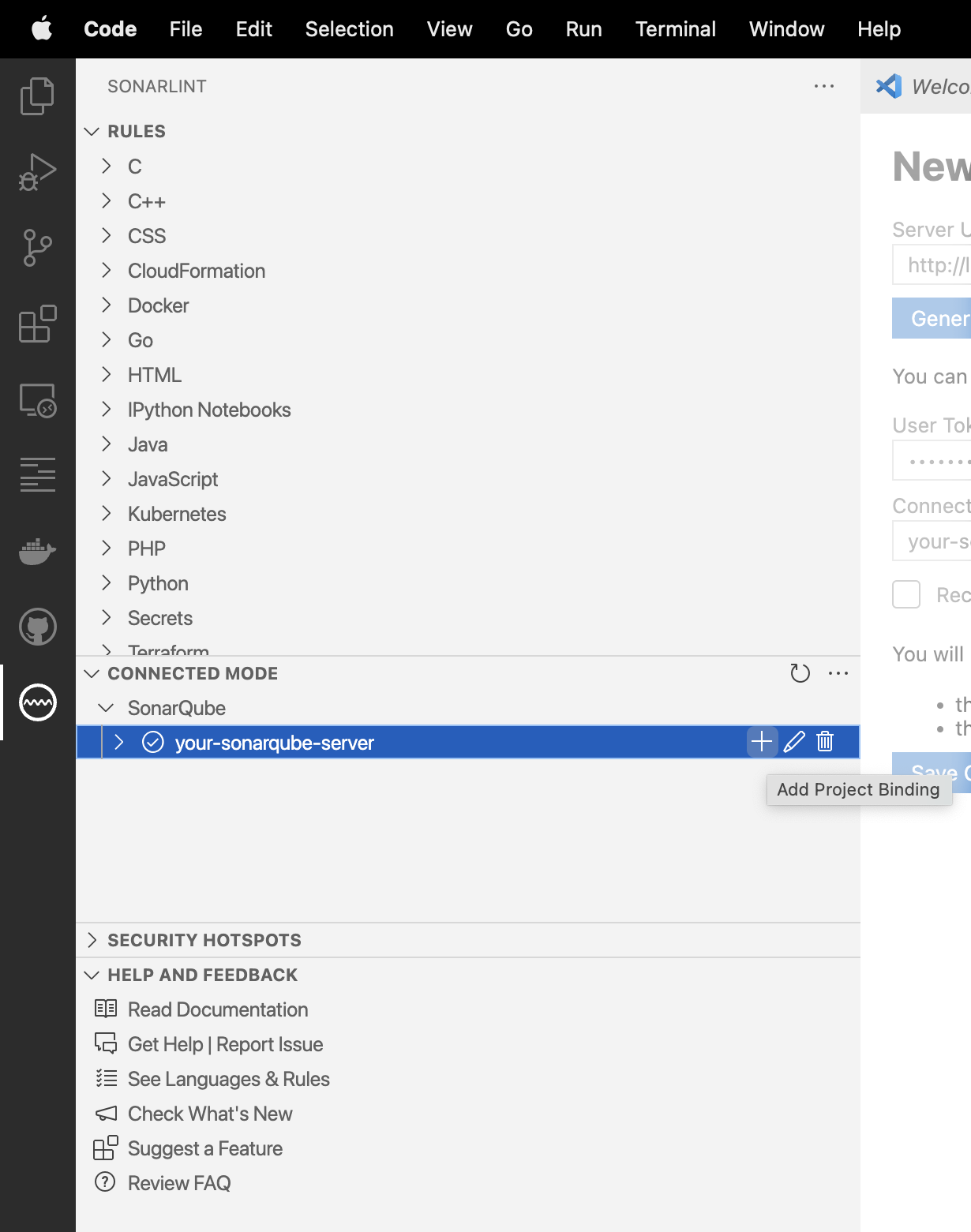 Select the ＋ icon to add a new SonarQube or SonarCloud project binding.