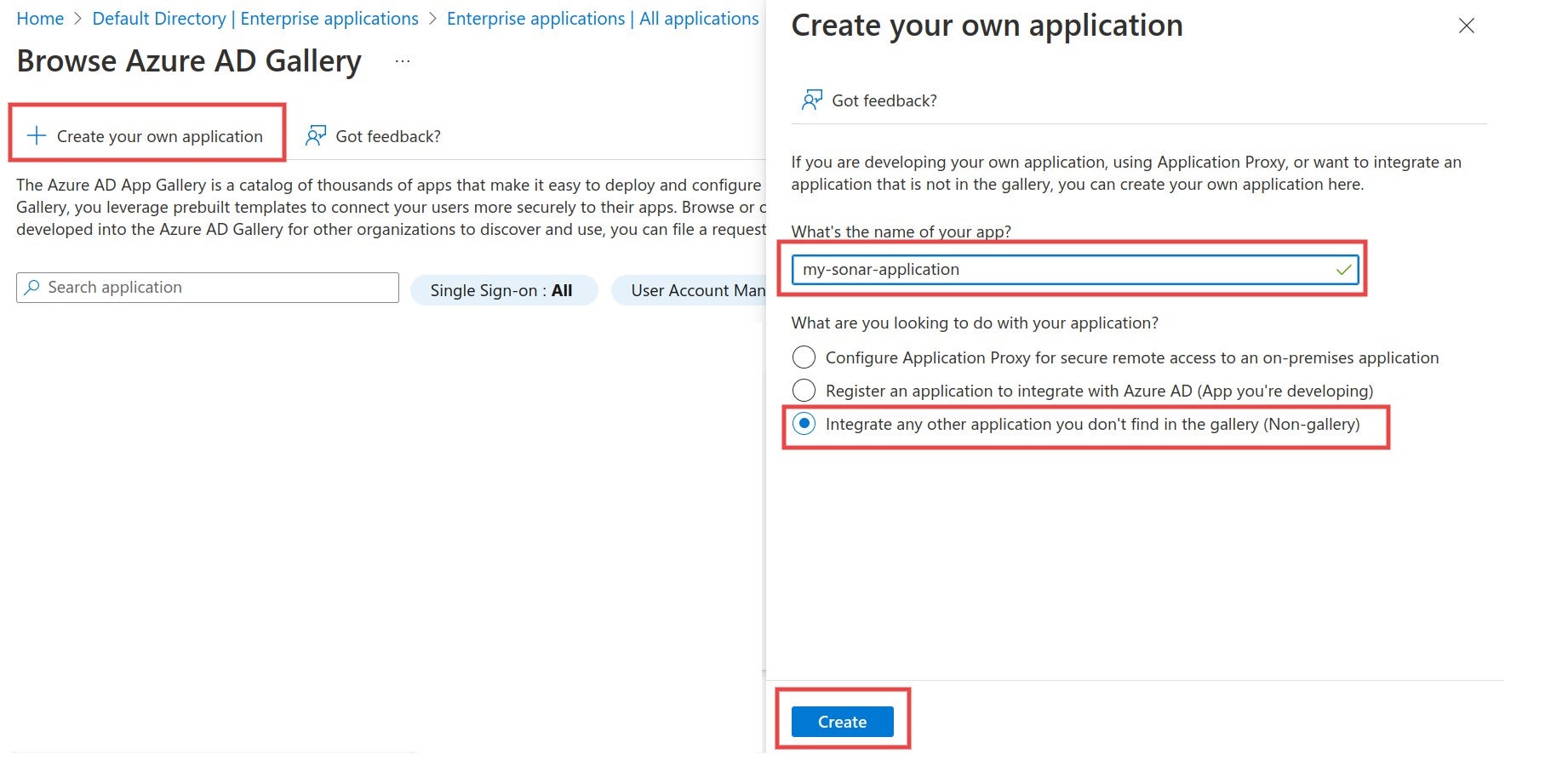 Create a new Enterprise application for SonarQube when setting up SAML authentication in Azure.