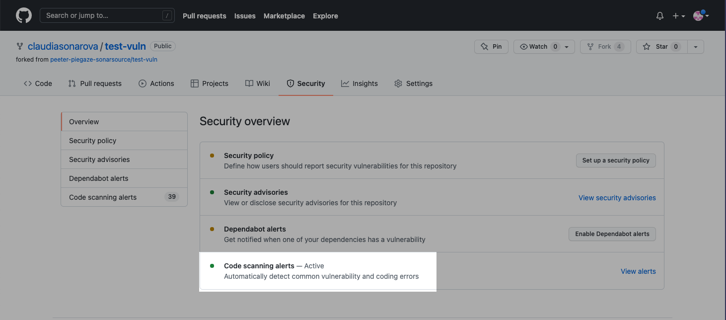 Screenshot that shows the code scanning alerts section in GitHub. 