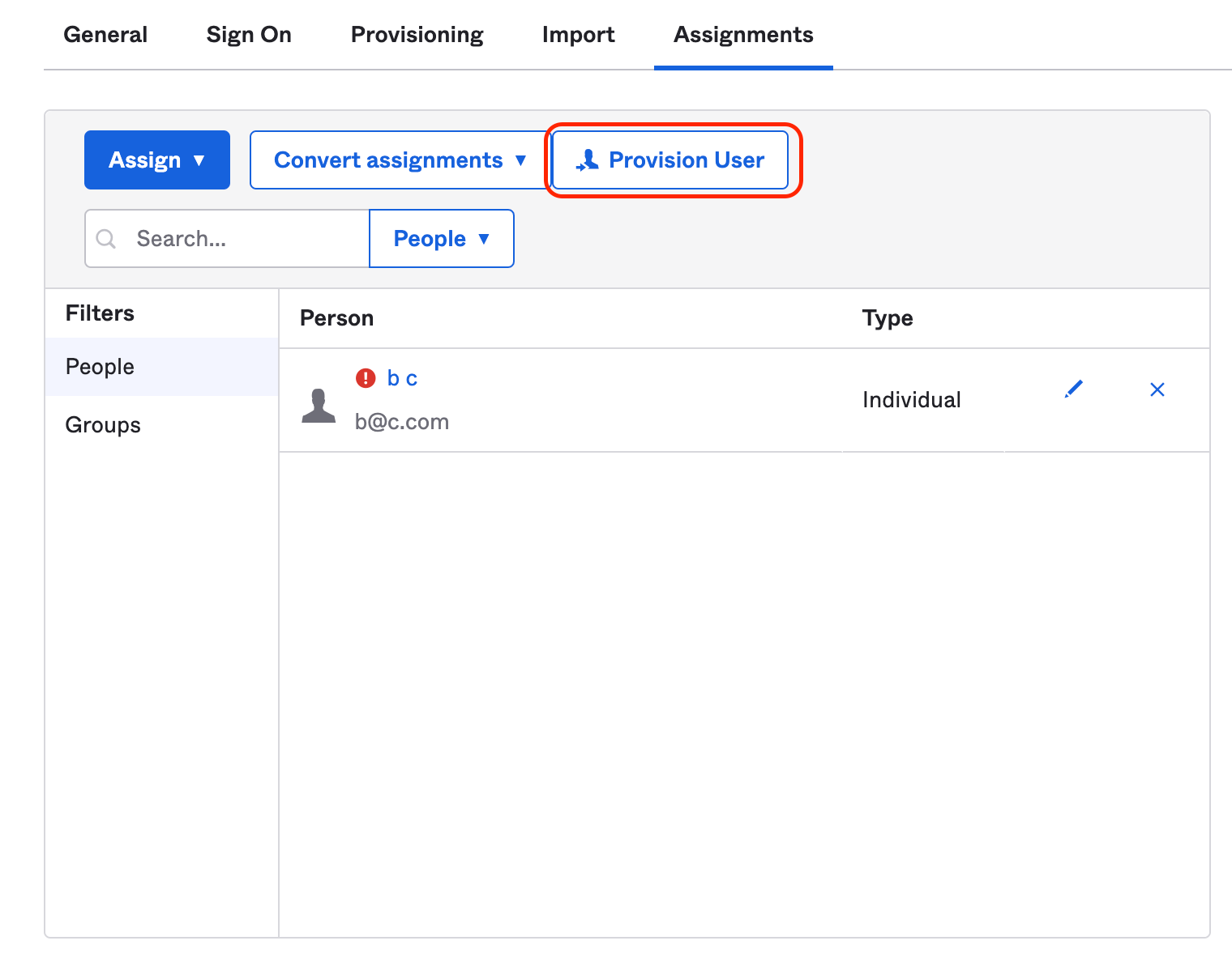Screenshot showing the Provision User button in Okta.