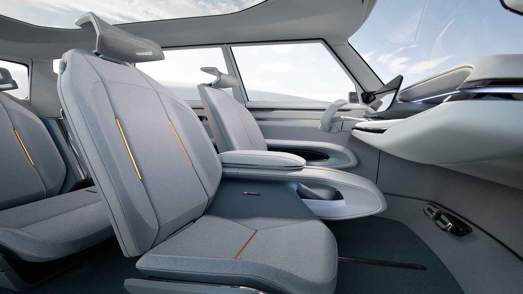 Picture of the Kia EV9's interior showing flat floor and standalone centre console between front seats