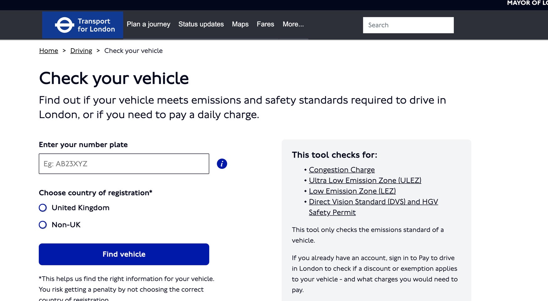 TFL website ULEZ check