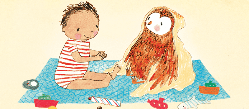 An illustration from There's An Owl In My Towel of a smiling toddler sitting next to an owl