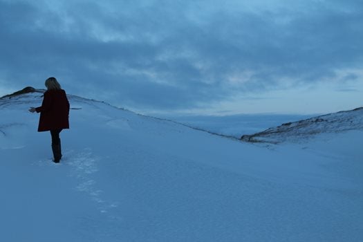 A figure stood alone on a snowy embankment. 
