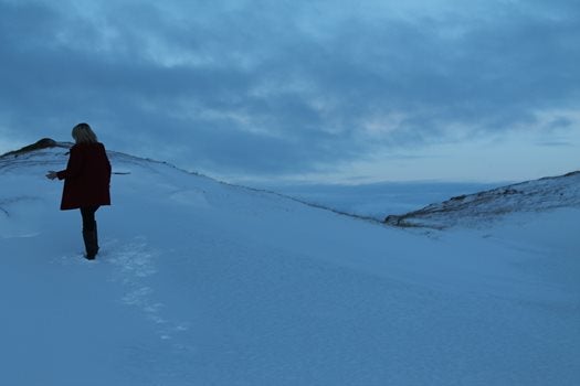 A figure stood alone on a snowy embankment.