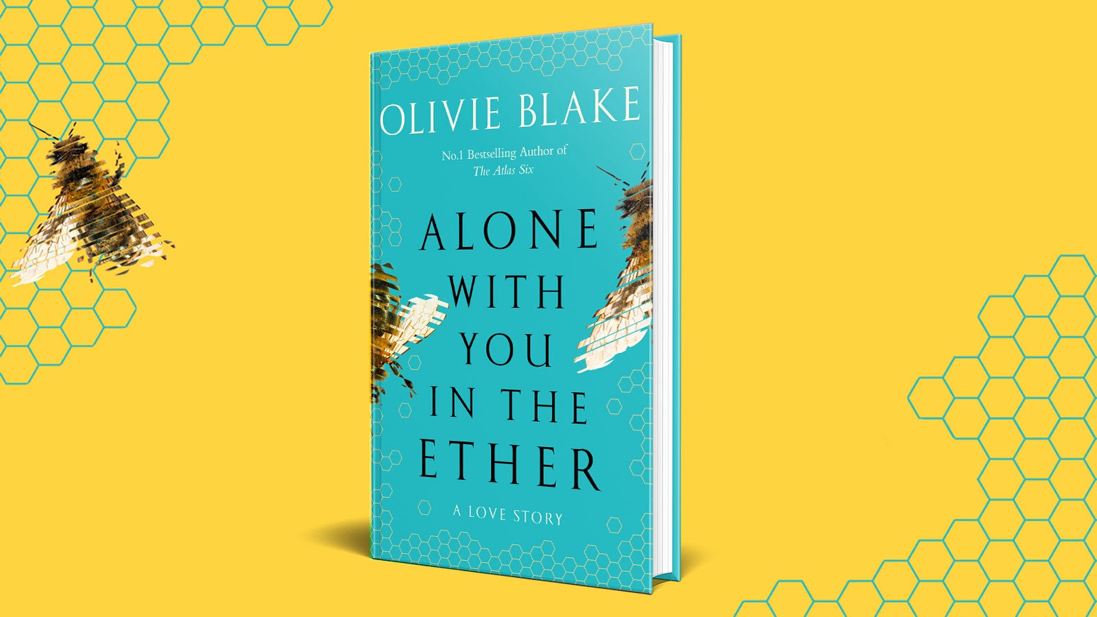 the book cover of Alone With you in the Ether by Olivie Blake - showing the title of the book against a blue background with he image of two pixelated blurry bees on either side. the book sits against a yellow backdrop, which with blue honeycomb patterns and another pixelated bee.