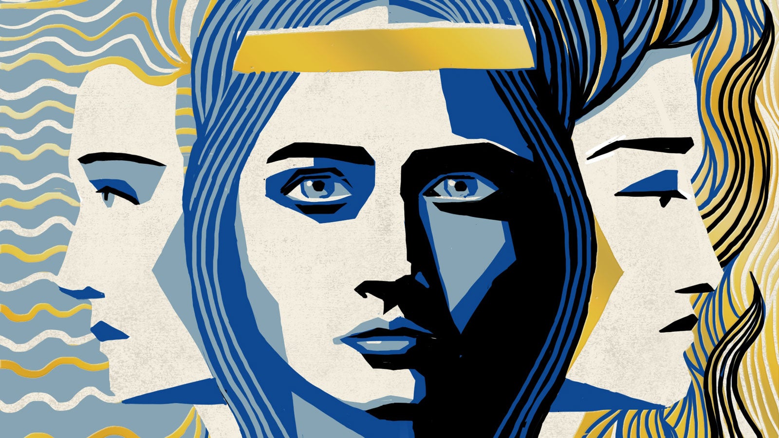 An illustration in shades of blue and yellow of three women, one looking directly forward, the other two looking in opposite directions behind her