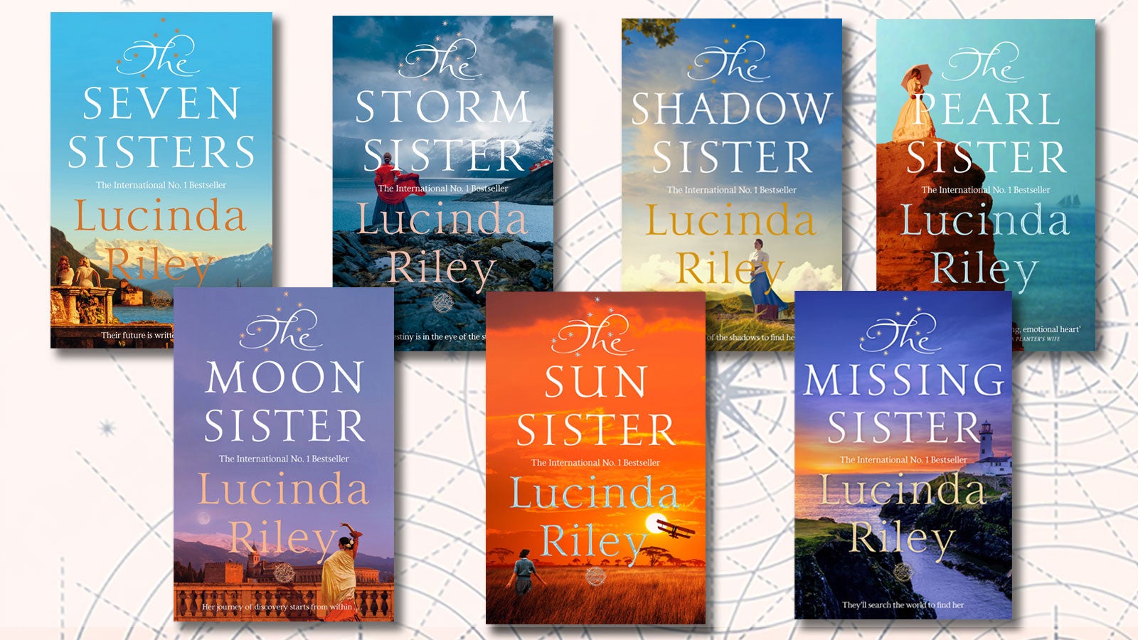 Book covers for each of Lucinda Riley's Seven Sister books on a pink background