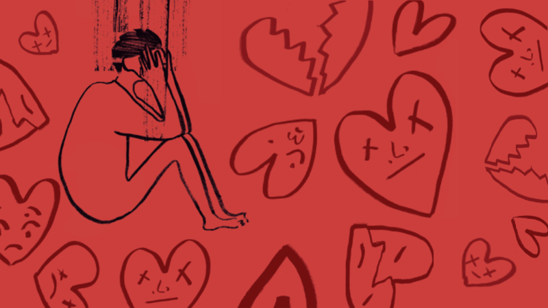 Illustrated broken hearts and sad person on red background