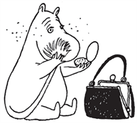 Black and white drawing of Moominmamma powdering her face with her tail
