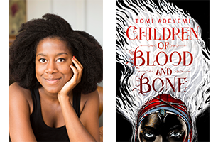 Tomi Adeyemi smiling with her head resting on her hands next to her book Children of Blood and bone