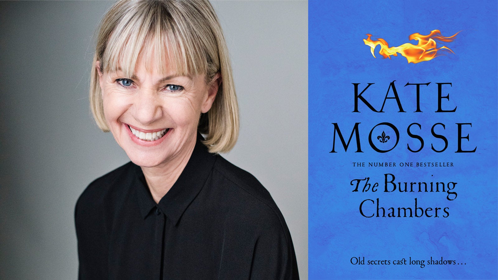 The Burning Chambers by Kate Mosse book cover and author photo
