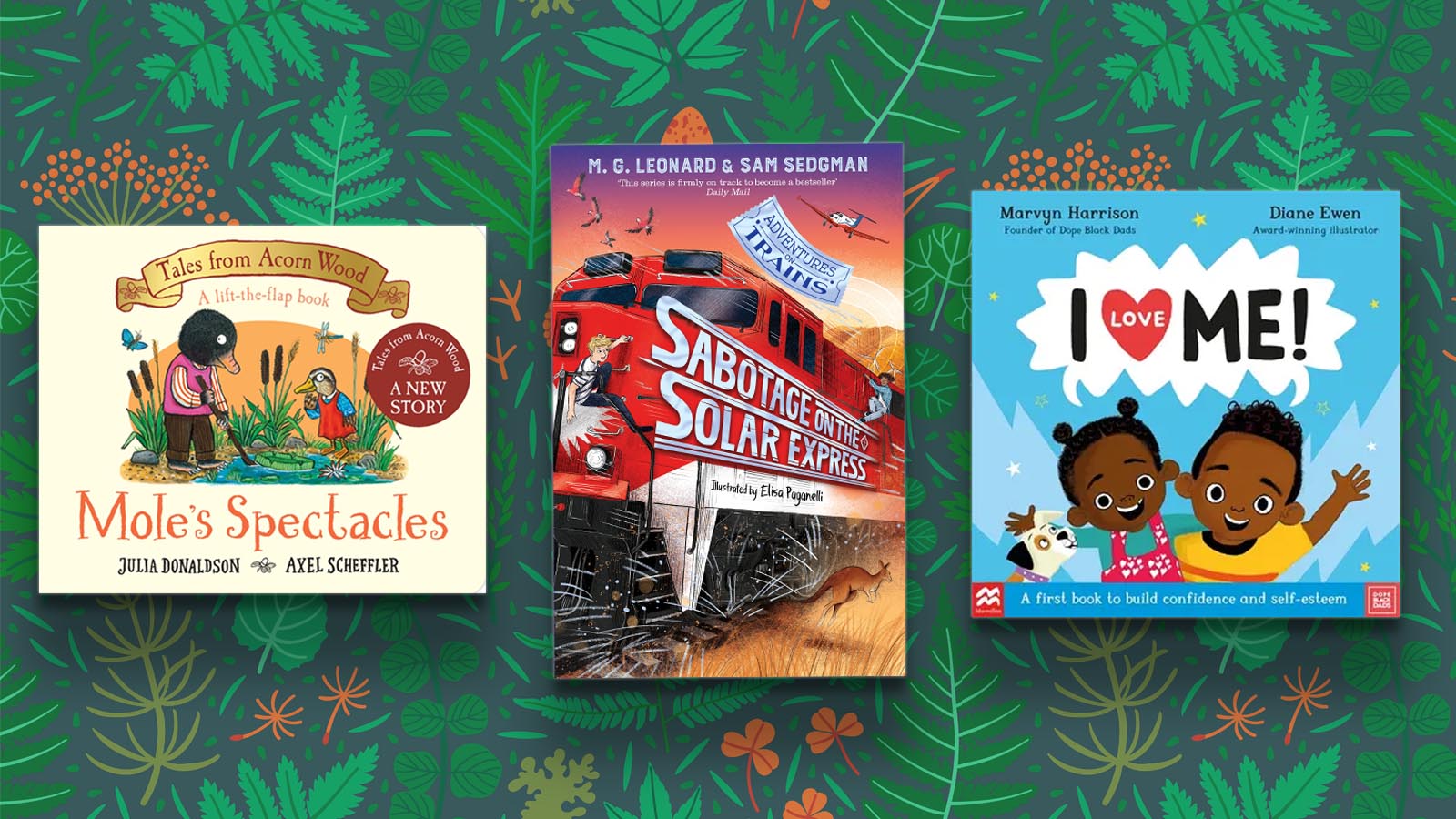 Book covers on a floral background, including Mole's Spectacles, Sabotage on the Solar Express, I Love Me!
