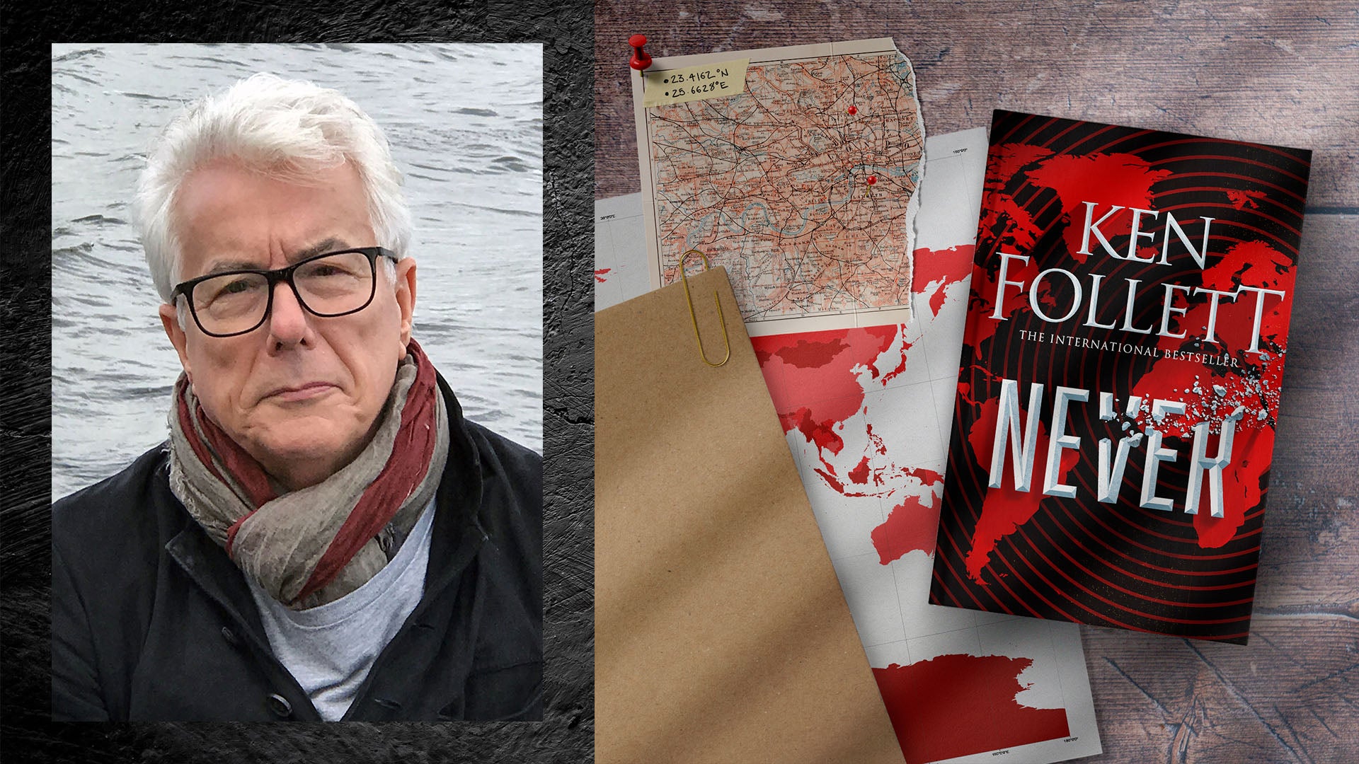 A picture of Ken Follett, next to his book 'Never'