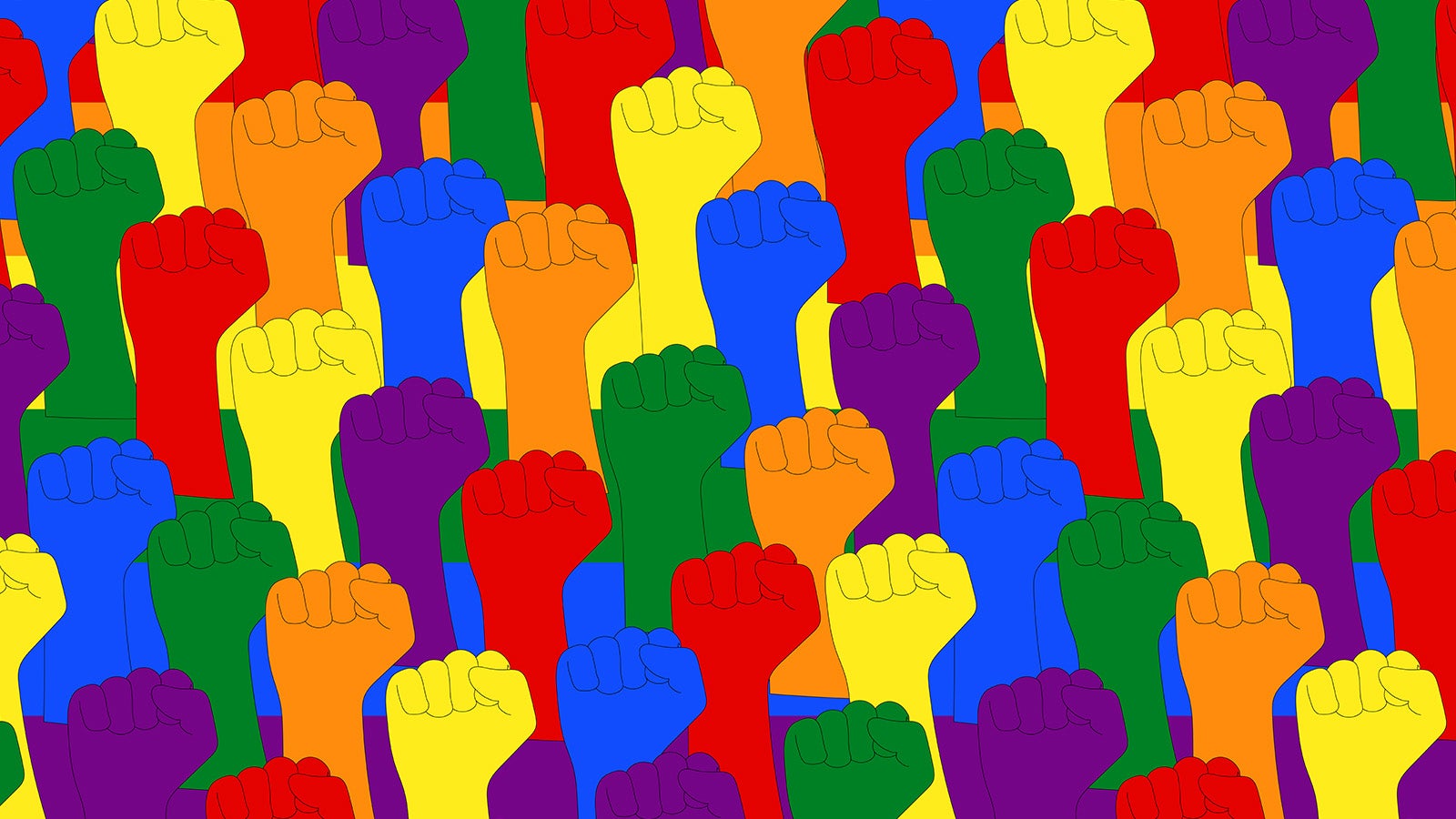 an array of raised, colourful rainbow fists