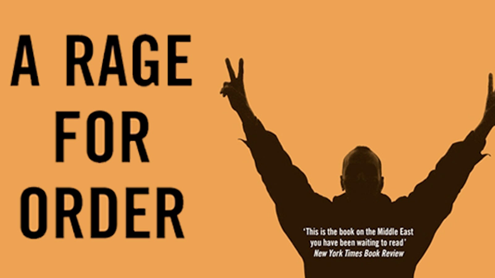 The silhouette of a man holding his hands in the air next to the words 'A RAGE FOR ORDER' 
