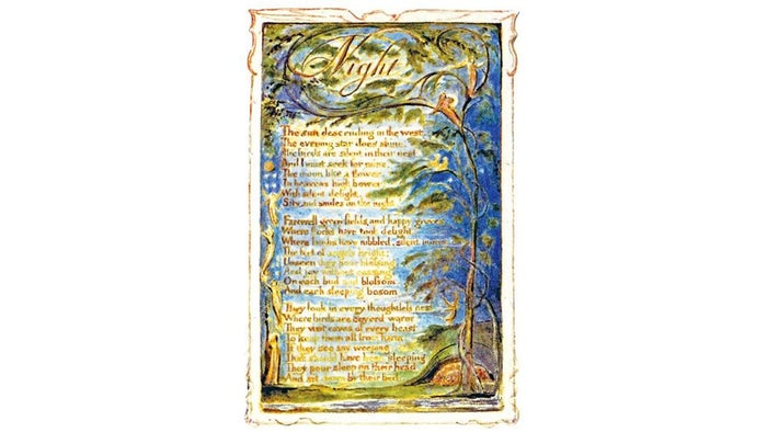Writen copy of the poem Night on an illustrated background of a night sky surrounded by trees