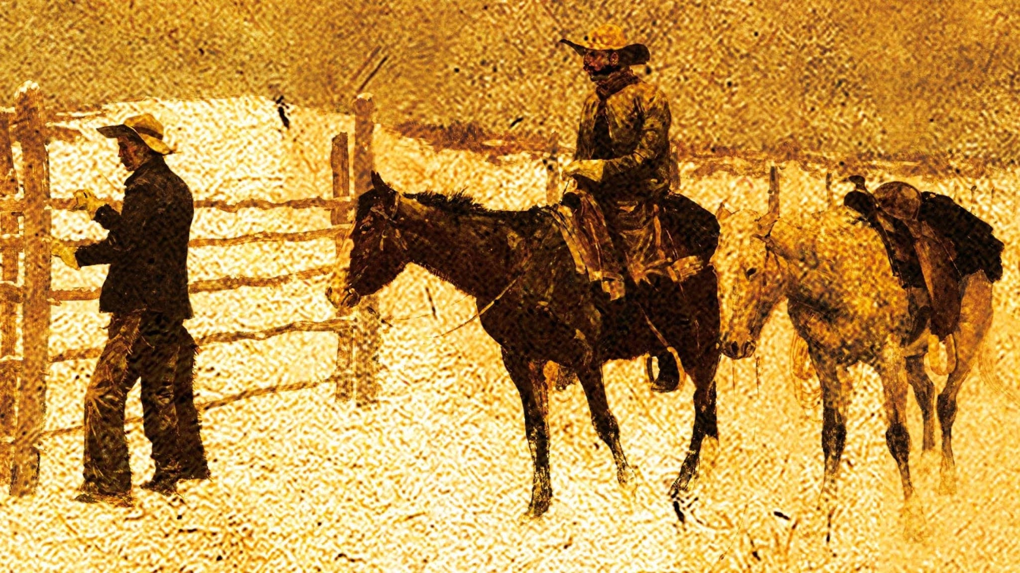 old abstract painting of two cowboys, taken from the cover of The Last Kind Words Saloon