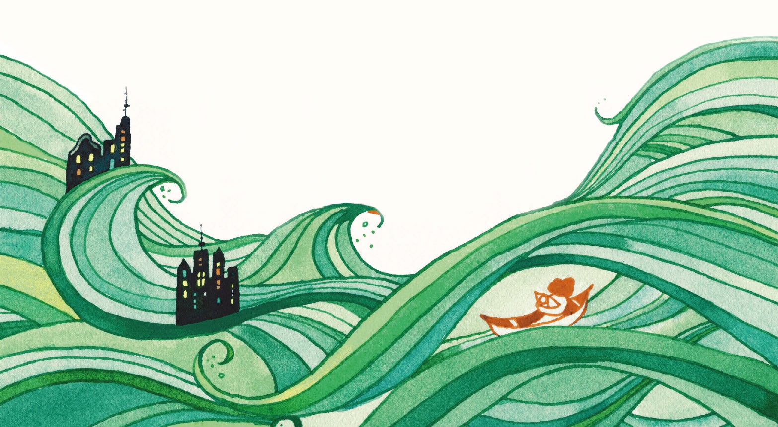 Illustration of a city underwater with a boat sailing away, taken from the cover of The End We Start From.