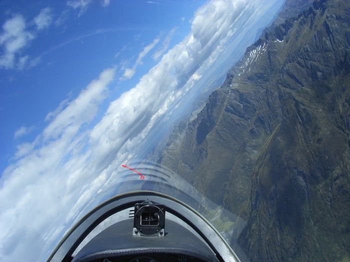 A steep turn above the Southern Alps, New Zealand.