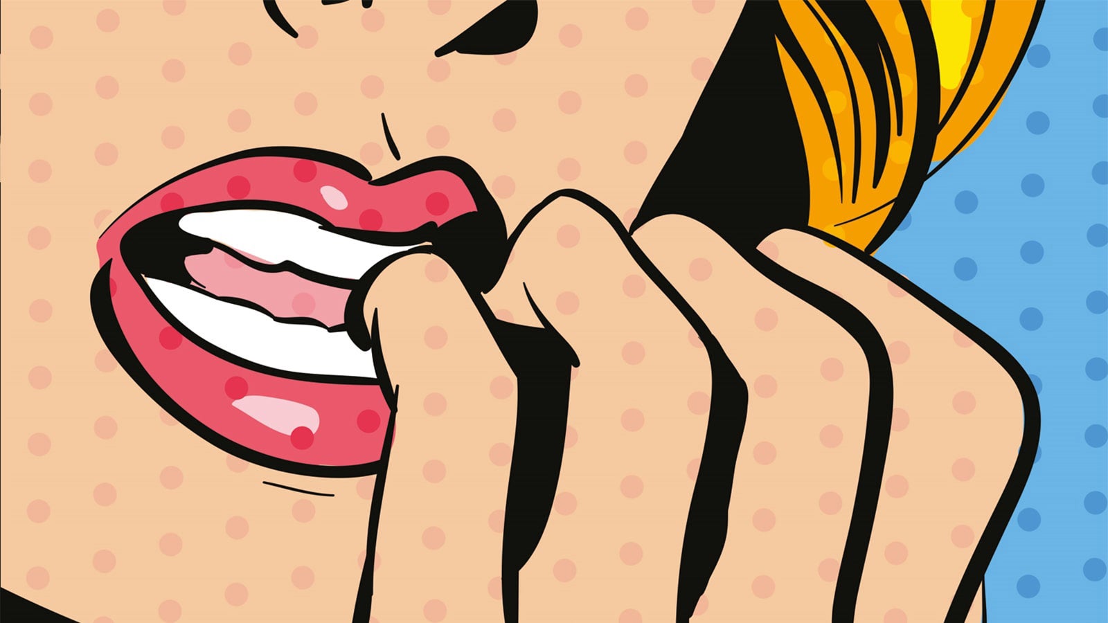 Pop Art style woman's mouth biting her nails