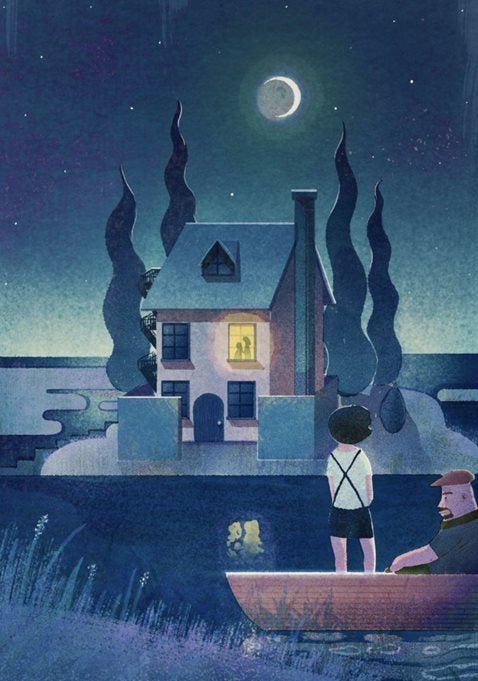 illustration of two people on a boat in front of a house at night