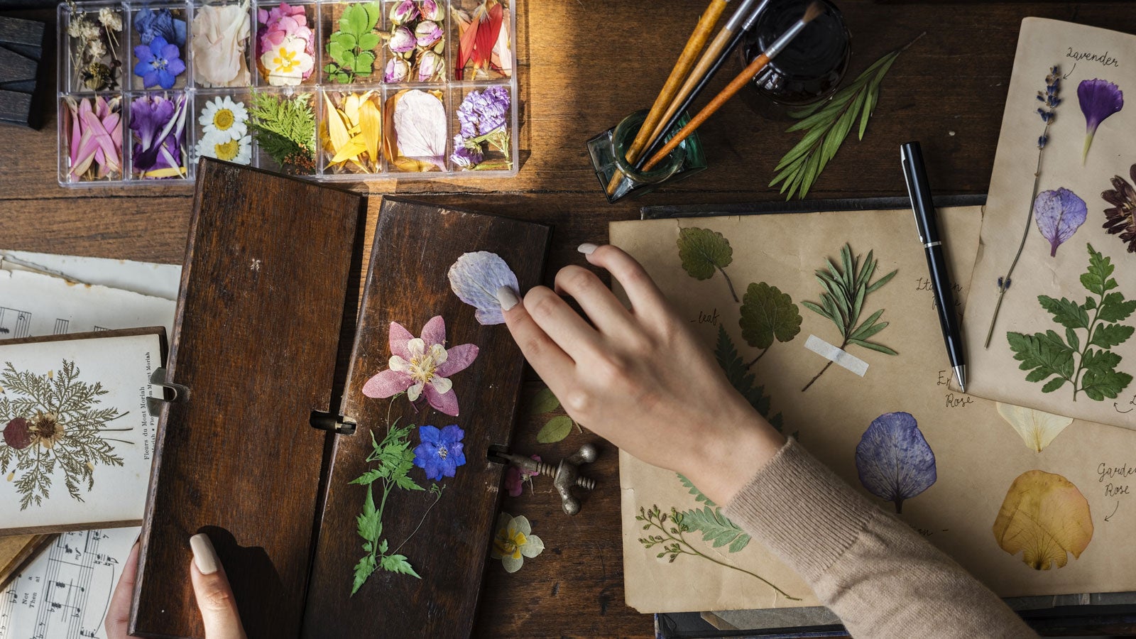 Photograph of a person at a crafting table removing pressed flowers from a flower press