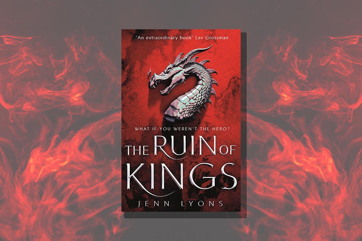 Book cover of The Ruin of Kings on a background of red flames