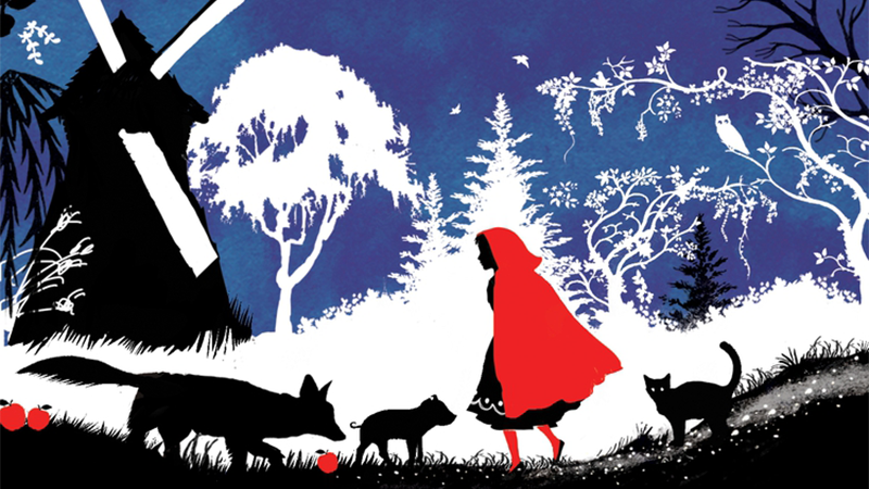 an illustration of little red riding hood, her cap in red, with the silhouettes of a forest, windmill, piglet, wolf and cat in the background against a night sky