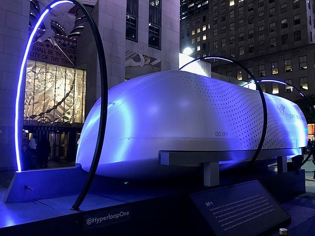 Virgin Hyperloop One XP-1 test pod on display at Rockefeller Center