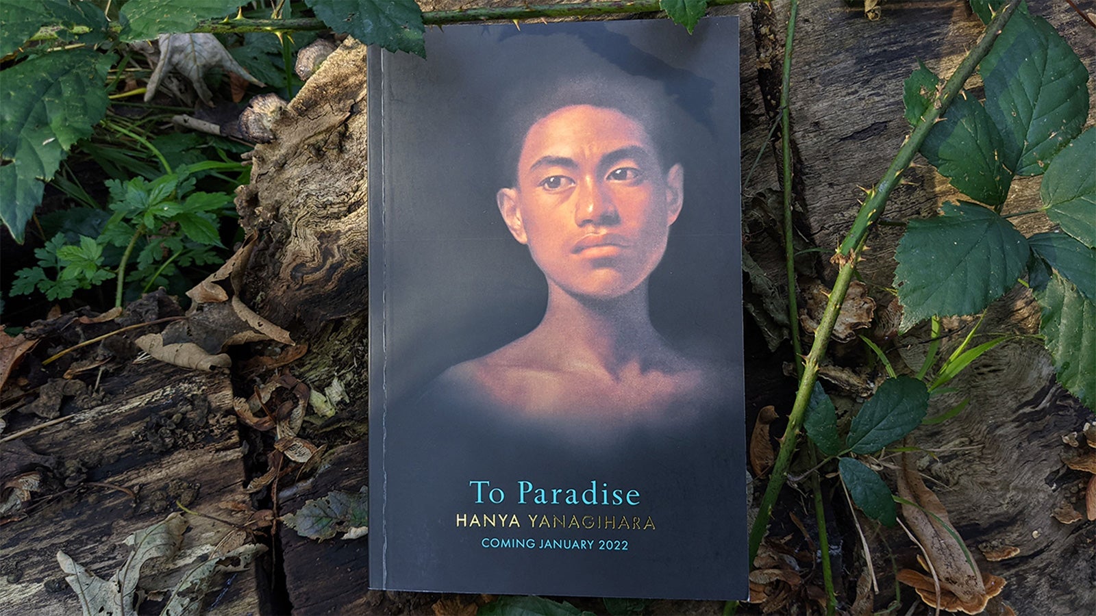 An exclusive proof copy of To Paradise by Hanya Yanagihara is positioned artfully on the forest floor.