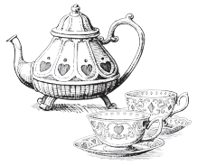 Illustration of ornate teapot and two china teacups from Alice in Wonderland.