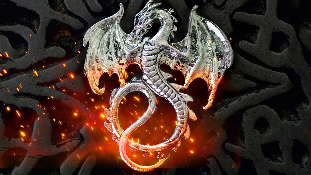 Silver dragon surrounded by embers