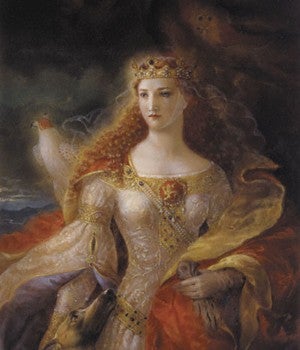 Painting of Eleanor of Aquitaine in a white dress wearing a gold crown, with long glowing red hair