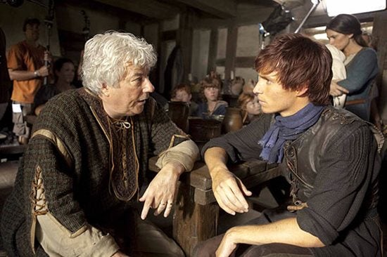 Ken Follett and Eddie Redmayne on set of The Pillars of the Earth