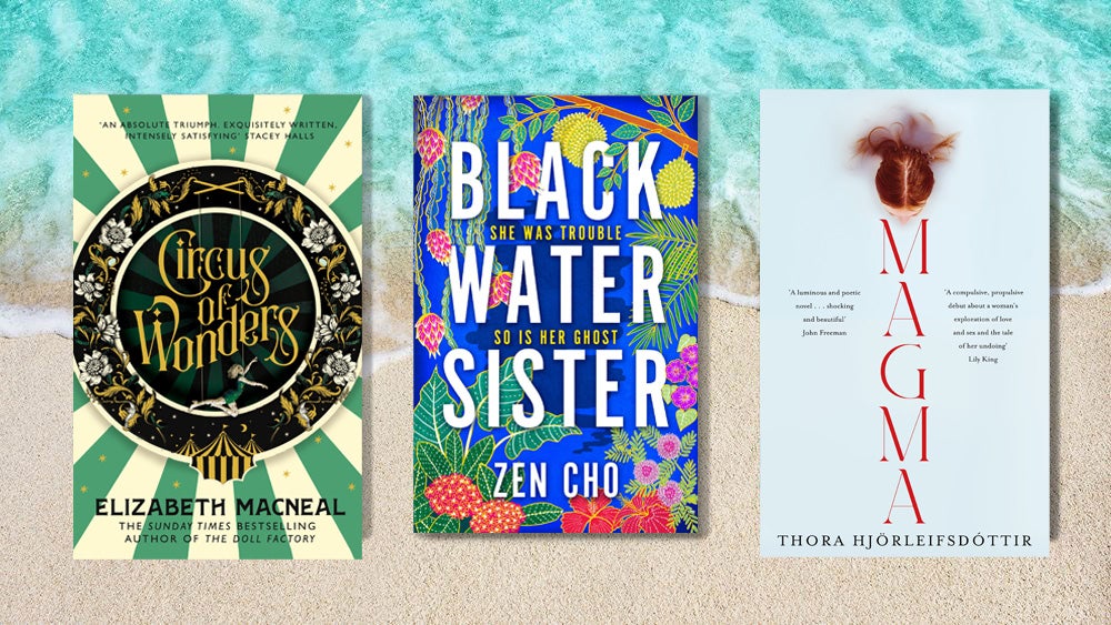 The book covers of Circus of Wonders, Black Water Sister and Magma against the background of a beach shoreline