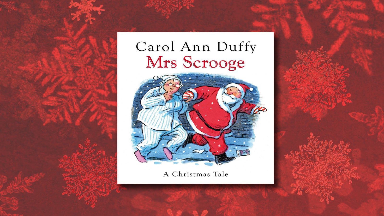 Mrs Scrooge book cover on a red Christmas background.