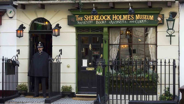 Outside of 221b Baker Street and the Sherlock Holmes Museum