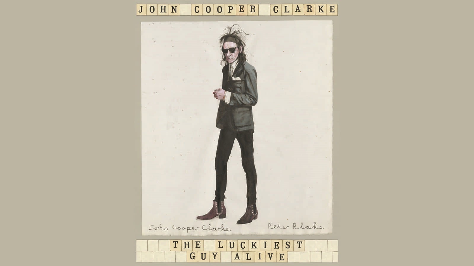 Section of the The Luckiest Guy Alive book cover showing an illustration of John Cooper Clarke