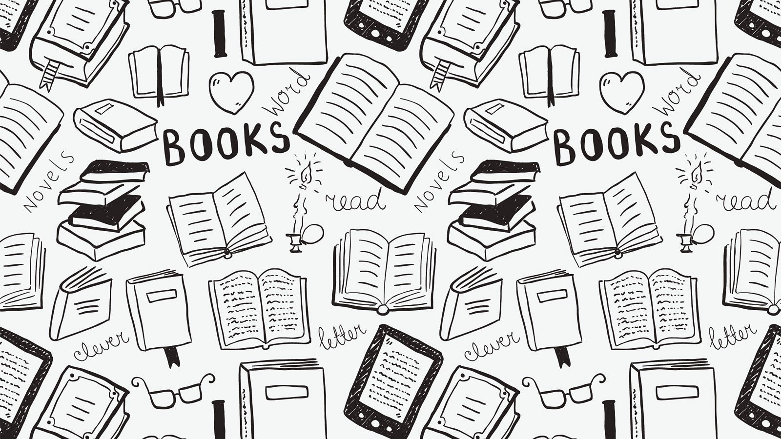 A cartoon background of books, ereaders and glasses.