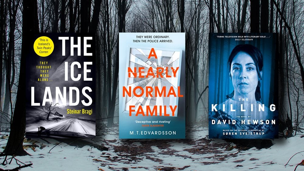 The Ice Lands, A Nearly Normal Family and The Killing book covers against an image of a snowy forest