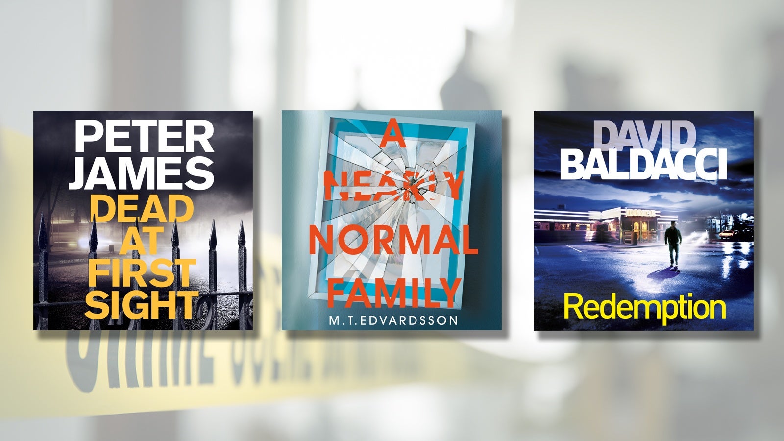 Book covers for Dead at First Sight, A Nearly Normal Family and Redemption