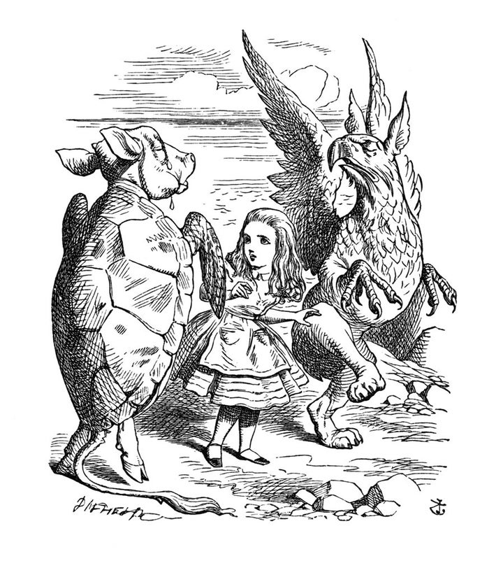 Alice meets the mock turtle and the gryphon