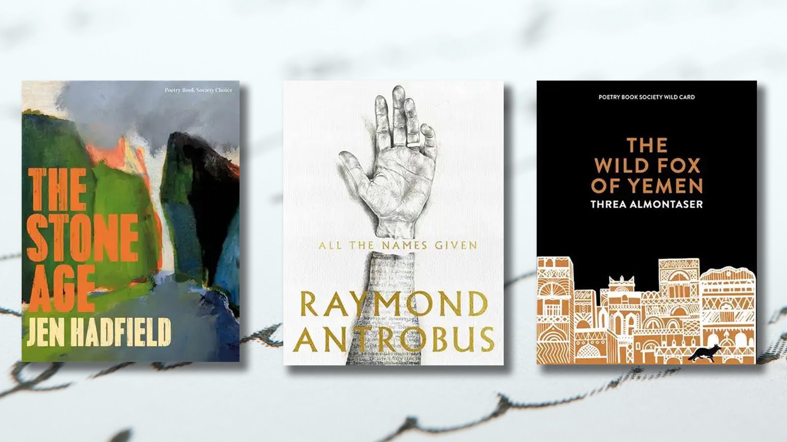 Three poetry books on a background of cursive writing.