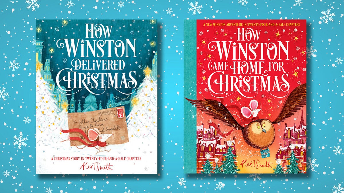 Two book covers on a snowy background: How Winston Delivered Christmas and How Winston Came Home For Christmas